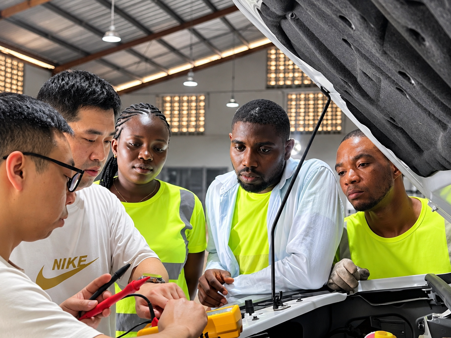 SAGLEV electric vehicle workshop with technicians working on vehicle chassis and powertrain assembly